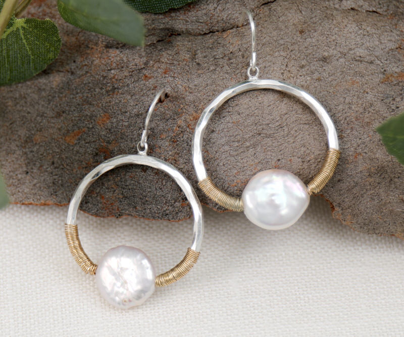 Angel Sun Pearl Hoop Earrings - Silver