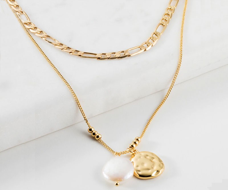 Tahiti Pearl Drop Gold Double Chain Necklace