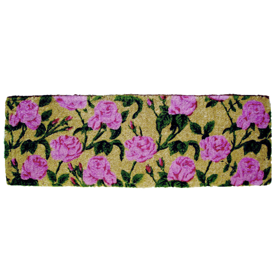 Long rectangular natural coir doormat decorated with a growing rose design