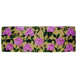 Long rectangular natural coir doormat decorated with a growing rose design