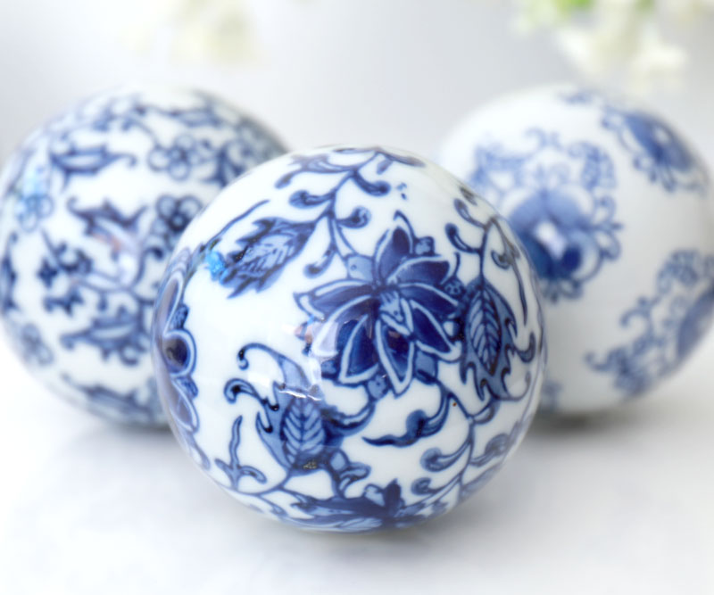 Peony Set 3 Blue & White Ceramic Balls Small Home Decor Online New