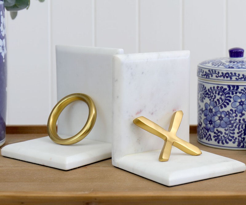 Love Me Do Set 2 Marble Bookends - Gold X & O