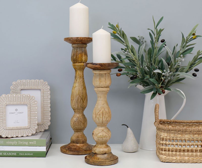 Tall Hawkins Carved Wooden Candlestick 46cm