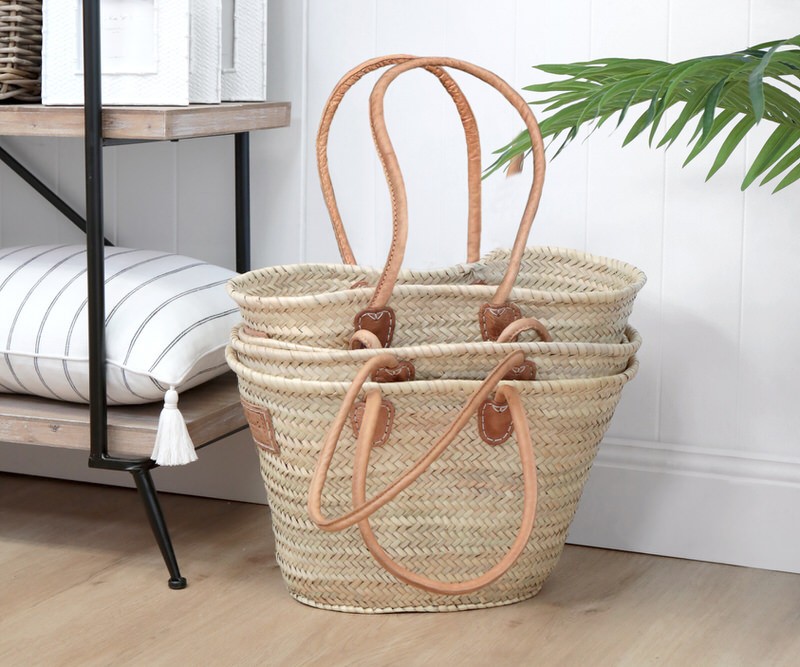 Small French Market Basket - Tan Leather Handles