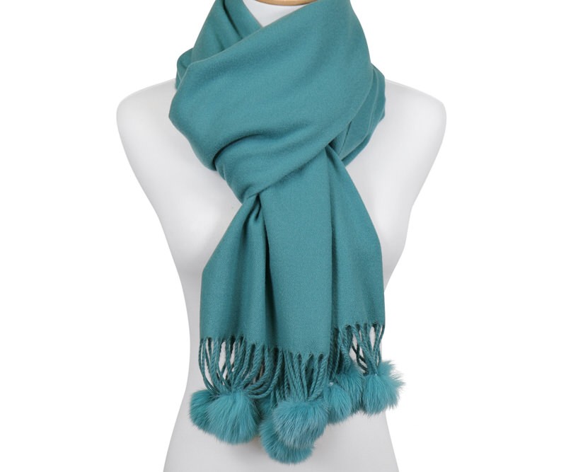 Madison Teal Fur PomPom Scarf