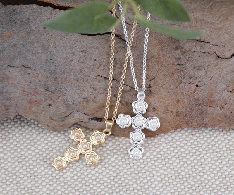 Silver Pearl Cross Pendant Necklace