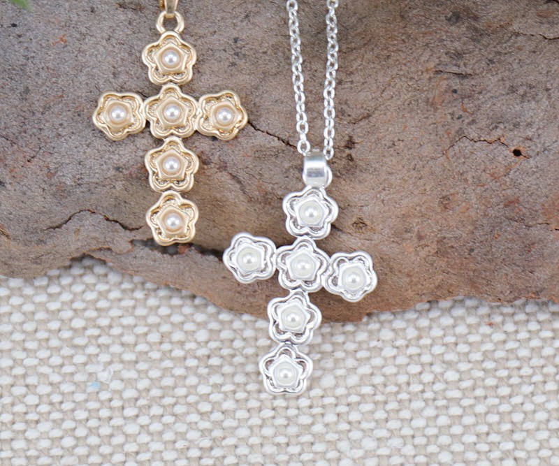 Silver Pearl Cross Pendant Necklace