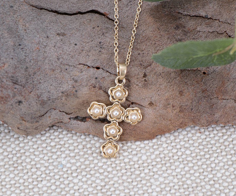 Gold Pearl Cross Pendant Necklace