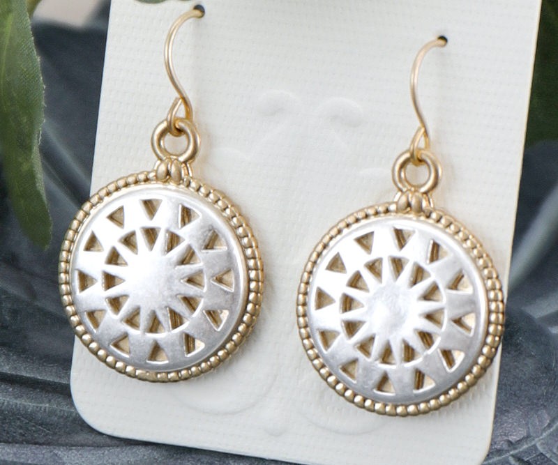 Filigree Disc Drop Earrings - Double Round Statement Earrings In Metallic Brass