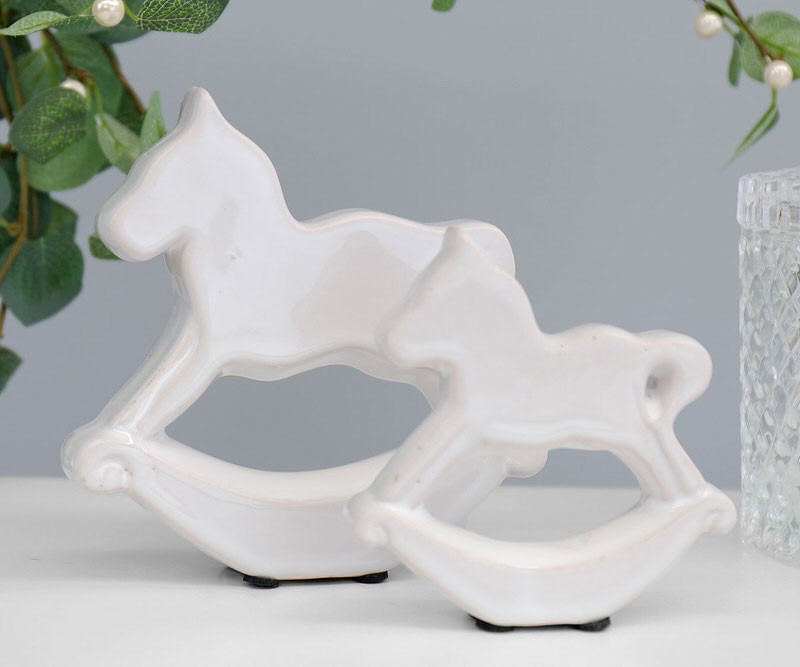 Set 2 White Ceramic Rocking Horses