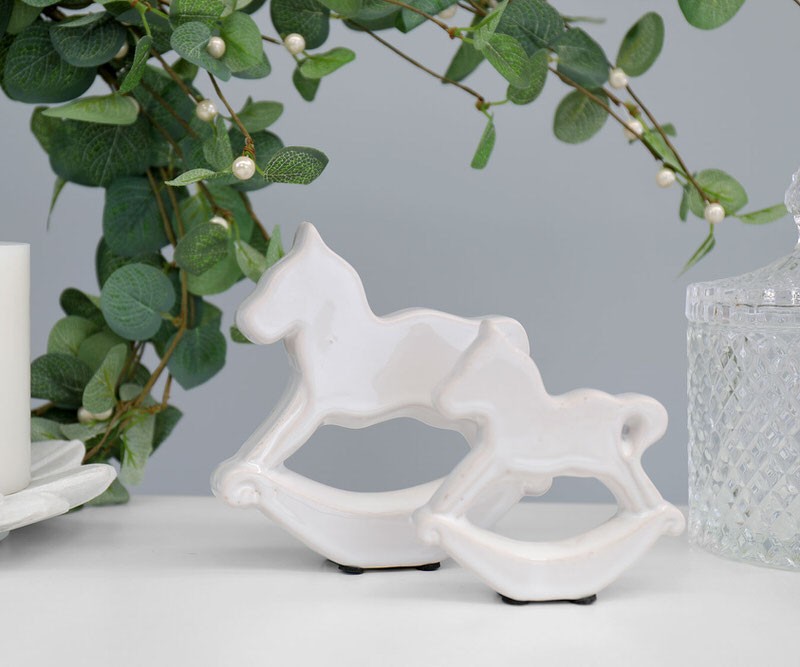 Set 2 White Ceramic Rocking Horses
