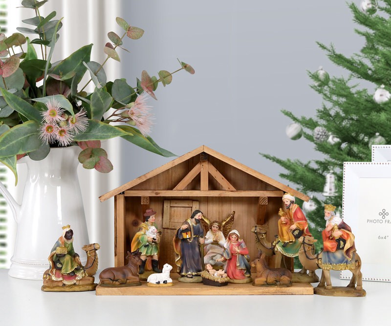 Classic Christmas Nativity Set + Wooden Stable