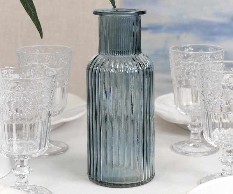 Ellis Ribbed Glass Vase - Blue