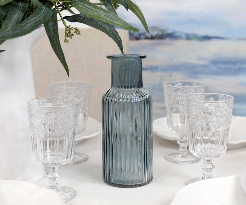 Ellis Ribbed Glass Vase - Blue