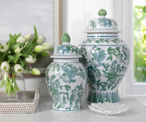 Large Orleans Parrots Green Ginger Jar