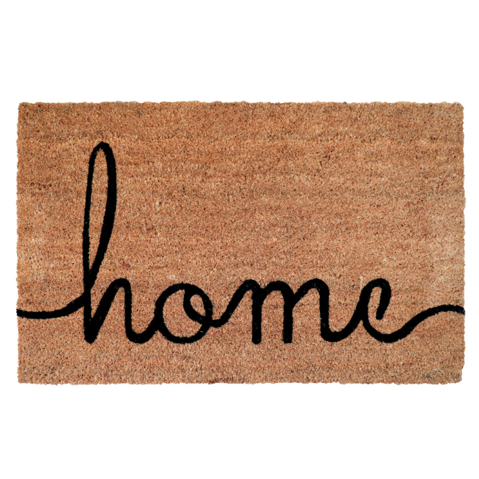 Natural coir doormat with the word home in flowing black script