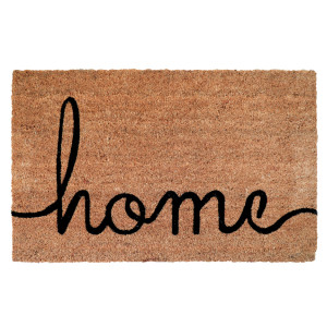 Natural coir doormat with the word home in flowing black script