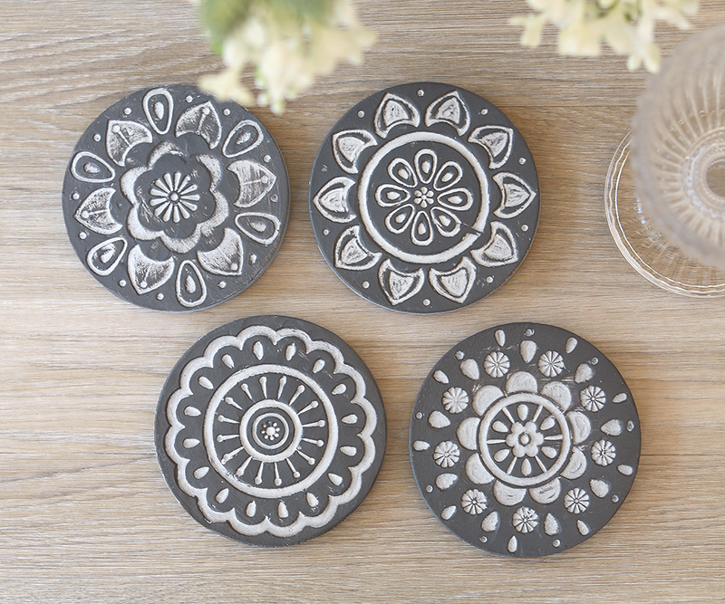 Marbella Grey Carved Flower Coasters - Set 4