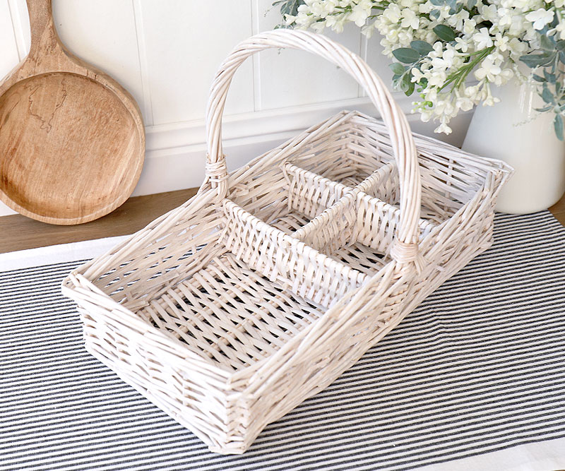 White Wicker Condiment Basket 5 Compartment Tray with Handle Home