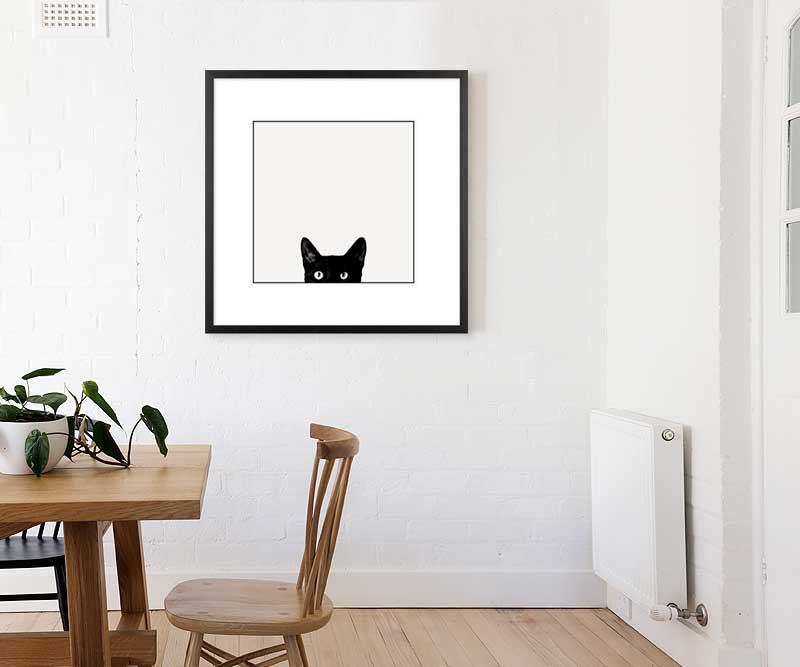 'Curiosity' Black Cat Art Print Framed