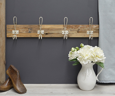 Teak + White Hooks 4-Hook Coat Rack