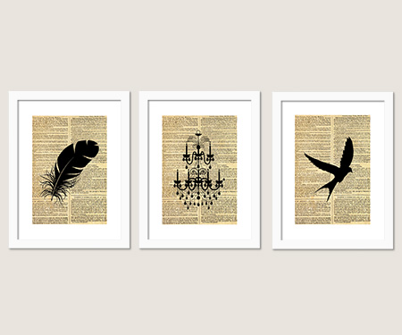 Set 3 Vintage Feather, Bird, Chandelier Prints A3