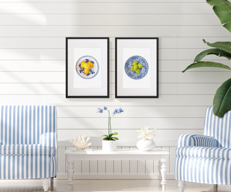 Lemons in Blue & White Bowl Framed Print