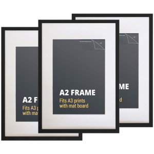 Set of three black A2 picture frames with contrasting white mat boards