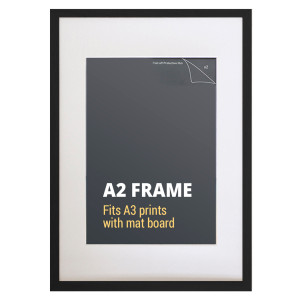 A2 black picture frame with a simple rectangular border and white mat board