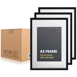 Black A2 picture frames shown as collection with packaging