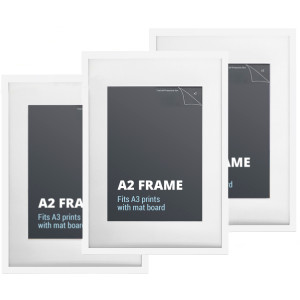 Set of three white A2 picture frames with matching white mat boards