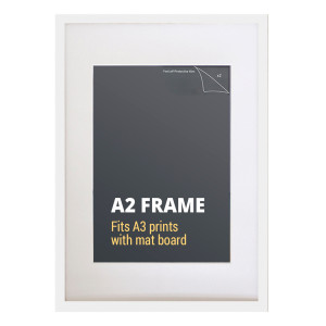 A2 white picture frame with a simple rectangular border and white mat board