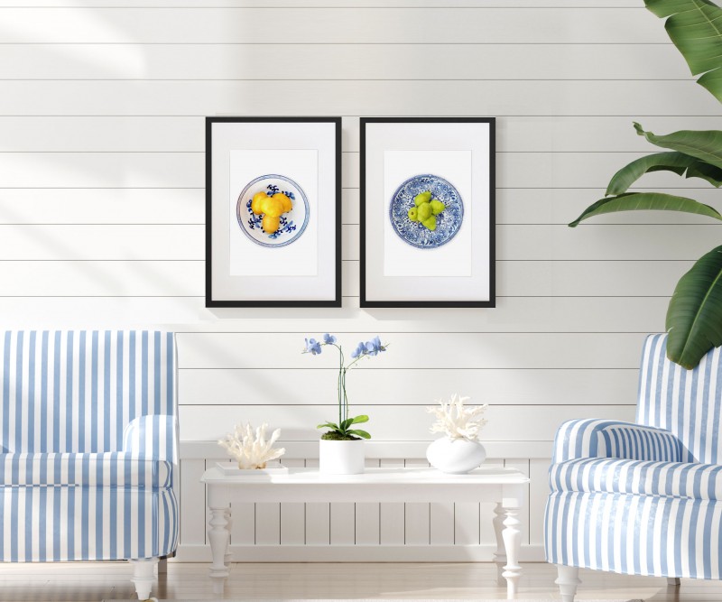 A2 Green Pears in Blue Bowl Framed Print