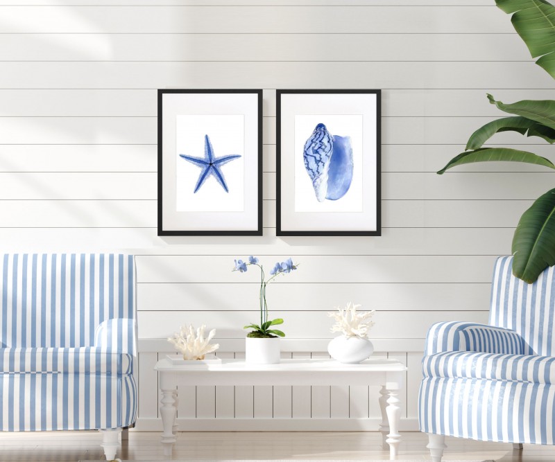 A2 Starfish Blue & White Watercolour Framed Print
