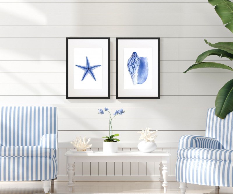 Starfish Blue & White Watercolour Framed Print