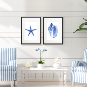 Starfish Blue & White Watercolour Framed Print, decorative wall artwork for an interior display