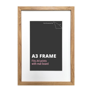 American oak-effect A3 frame showing its simple border and removable white mat board