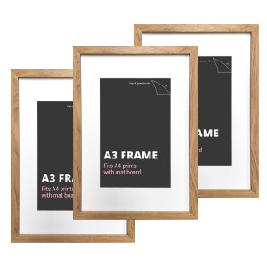 Set of three A3 picture frames with American oak-effect borders and white mat boards