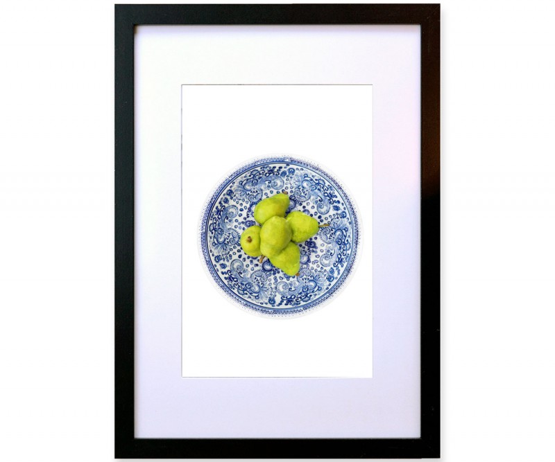 A3 Green Pears in Blue Bowl Framed Print