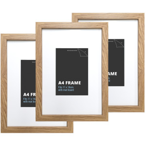 Set of three A4 picture frames with American oak-effect borders and white mat boards