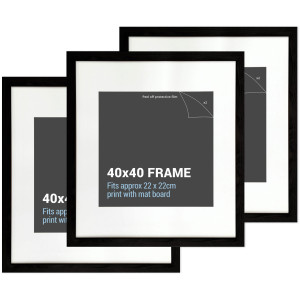 Set of three black square picture frames with white mat boards
