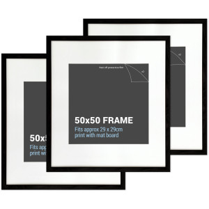 Set of three black square picture frames with white mat boards