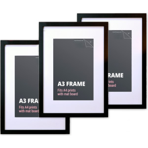 Set of three black A3 picture frames with contrasting white mat boards