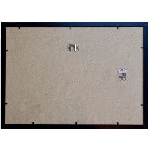 Rear of a black A3 picture frame showing the closures and hanging hardware