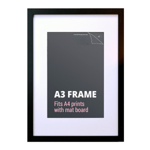 Black A3 picture frame showing its slim border and white mat board
