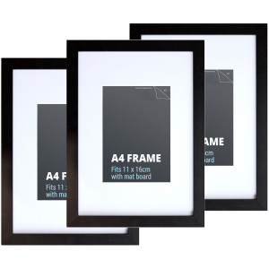 Set of three black A4 picture frames with white mat boards
