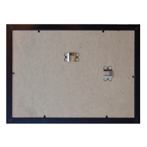 Back of a black A4 picture frame with closures and hanging fittings
