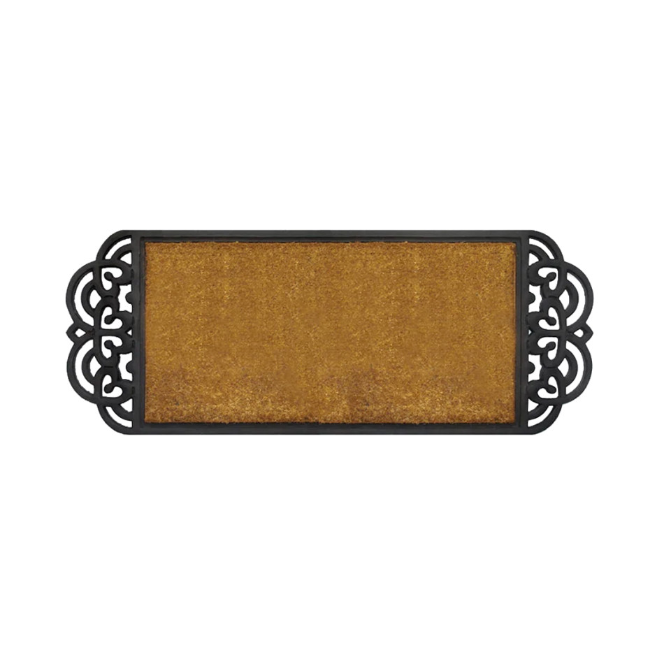 Sofia long natural coir doormat with decorative black rubber scrollwork at each end