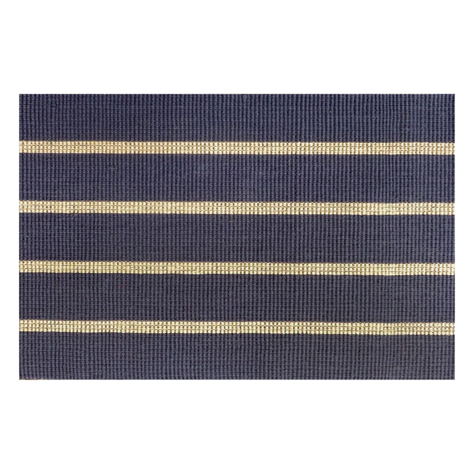 Rectangular woven jute indoor mat with navy and taupe stripes