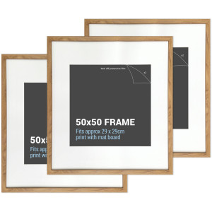 Set of three American oak-effect square picture frames with white mat boards